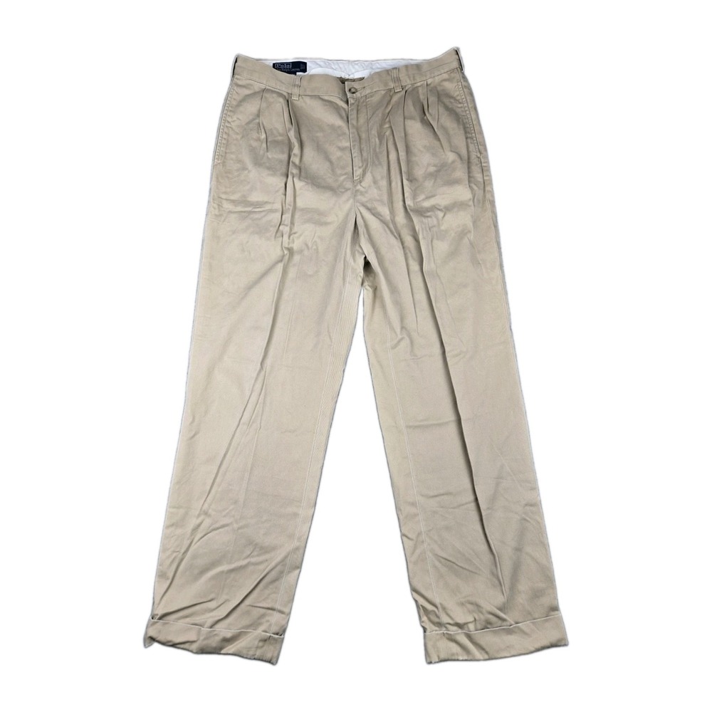 VTG Polo Ralph Lauren Chino Pants Men 36x30 Beige Pleated Preppy Hammond Cuffed